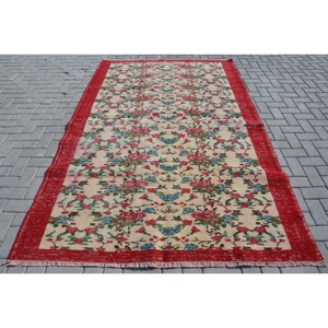 Vintage <b>Wool</b> Turkish Rug 5.6x8.8 ft (170x269 Cm) <b>Red</b> Check Patchwork Design with Latex Backing - Product Image 1