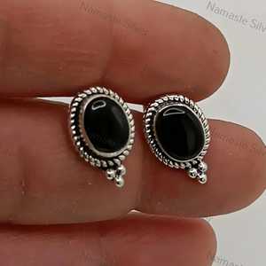 925 Sterling Silver Black Onyx <b>Earrings</b> July Birthstone Jewelry Natural Oval Onyx Stud <b>Posts</b> Gold Main Material Handmade Unique - Product Image 5
