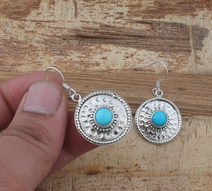Turquoise 925 Sterling Silver Round Gemstone Earrings for Women Handmade Hammered Coin Earrings Gifts for Mom Wholesale <b>Jewelry</b> - Product Image 4