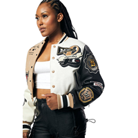Blouson Bomber Court Personnalisé pour Femme, Style Universitaire, avec Broderie de Patchs, en Tissu Tricoté en Laine, Motif Imprimé – Marron Clair et Blanc, Hiver, Coton
