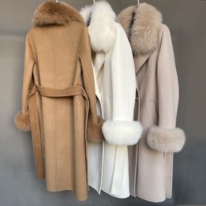 Áo khoác len và pha len thời trang mùa đông nữ, cổ lông cáo thật, áo khoác cashmere có dây lưng dành cho nữ - Product Image 2