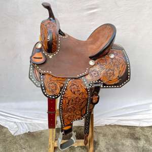 Ensemble de selle western en cuir haut de gamme avec motif Barrel Racing et arceau en bois |   Ensemble de fixation sans clou pour équipement d'équitation en acier inoxydable, façonné à la main - Product Image 1