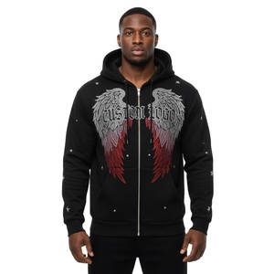 เสื้อฮู้ดสตรีทแวร์โลโก้แบบกำหนดเอง ผ้าฝ้ายเทอร์รี่ 100% ซิปแบบรูดขึ้น แต่งกระดุมแบบดิสเทรส เสื้อฮู้ดซิปสำหรับผู้ชาย - Product Image 1