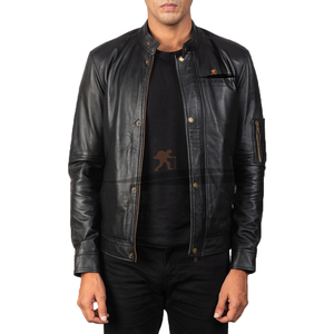 Veste d'hiver chaude en cuir véritable pour hommes Moto Bomber Style Canvas Tissu Stand Front Custom OEM Factory Direct Supply - Product Image 5