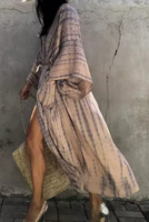 Nouvelle Robe Longue Femme 2024 Tie-Dye Col V à Cordon Manches Longues en Rayonne Viscose Respirante et Douce pour Vacances d'Été et Plage