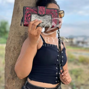 New Western Stylish Cowhide Tooled Fur Leather Wristlets Clutches Women Designed Purse Hot Selling Tooled Leather <b>Unique</b> Wallets - Product Image 2