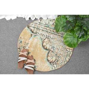 Turkish 2.3x2.3 ft Eco-Friendly Traditional <b>Wool</b> Rug Vintage Round Rug <b>Brown</b> Patchwork Latex Backing Rug - Product Image 4