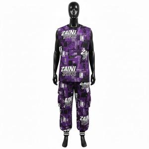 Conjunto de pantalón cargo y top sin mangas para hombre, 220 GSM, poliéster y spandex, morado y negro, con logotipo gráfico sublimado, conjunto de 2 piezas para hombre - Product Image 6