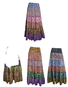 New Long Silk Saree Floral Print Skirt -Spanish dance frill Boho skirt -Western style Tiered Ruffle Multi Color long skirt