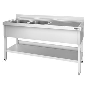 Évier commercial en acier inoxydable PREMIUM - 1800x600mm - avec double bac gauche - avec étagère inférieure - avec rebord - Product Image 4