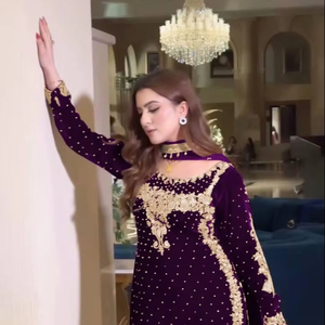 Indian Designer Wedding Party Wear Best Quality Viscose Velvet Heavy Sequence Embroidered Work <b>Top</b> and Bottom With Dupatta - Product Image 1