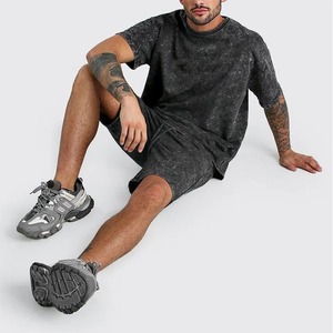 Ensemble short d'été pour hommes de haute qualité personnalisé OEM 100% coton lavé à l'acide High Street Hip Hop T Shirt avec sérigraphie - Product Image 1