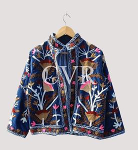 Hand Embroidered Floral Cotton Coat Mandarin Collar Three Quarter Sleeve Bohemian Women's Casual Autumn Outerwear - Product Image 1