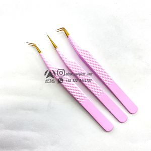 Puntas doradas con pinzas para pestañas de acero inoxidable sostenible Rosa bebé Agarre de microfibra Pinzas para pestañas de acero inoxidable puntiagudas - Product Image 1