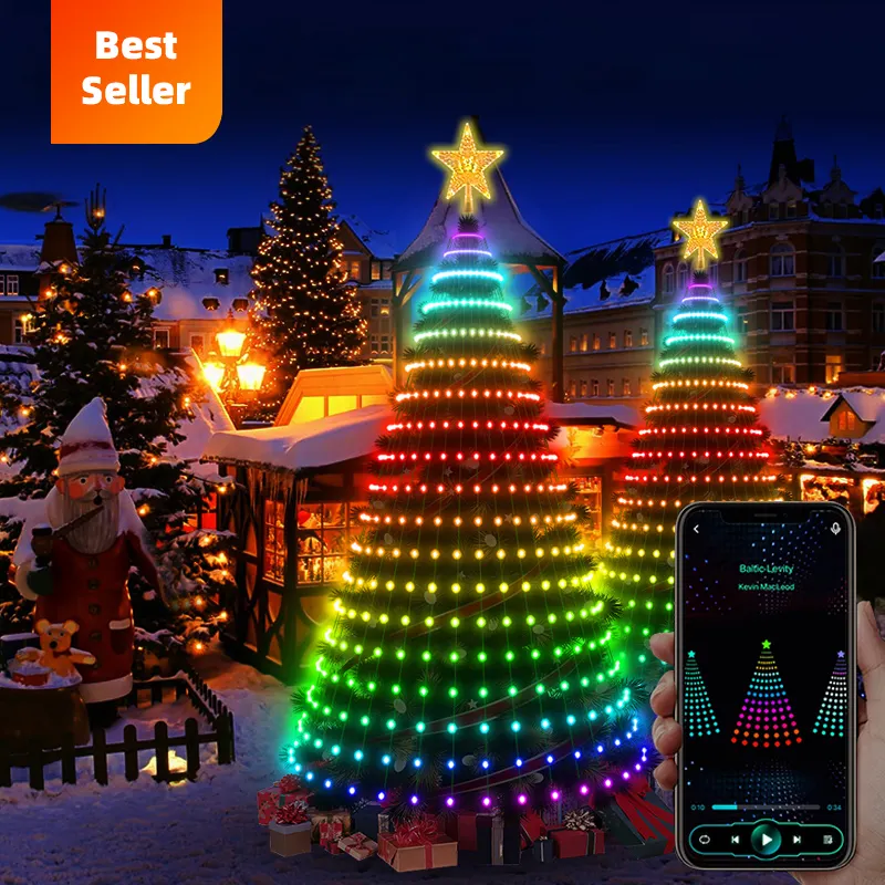 शानदार स्मार्ट नेतृत्व वाला ढहने वाला कृत्रिम इनडोर क्रिसमस के पेड़ ने छुट्टियों के लिए नेतृत्व वाली रोशनी के साथ दो हल्की सजावट का नेतृत्व किया