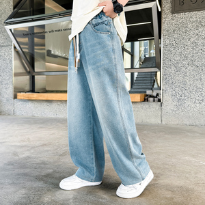 กางเกงยีนส์เดนิมวินเทจสำหรับเด็กผู้ชายปี 2025 ผ้าฝ้าย 100% ทรงตรง ปักลาย สีกลาง-เข้ม สไตล์ลำลอง ขากว้าง สำหรับฤดูใบไม้ผลิ - Product Image 6