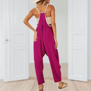 Women Solid Color Spaghetti Strap <b>Jumpsuit</b> Loose Fit Cotton Breathable Casual Spring Summer Ankle Length <b>With</b> <b>Pockets</b> - Product Image 5
