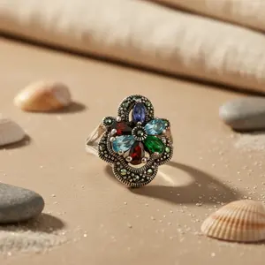 แหวนเงินแท้ 925 สำหรับผู้หญิง ประดับพลอยหลากชนิด ดีไซน์ดอกไม้ ทันสมัย ชุบทองคำขาวและโรสโกลด์ ฝังพลอยทรงรี - Product Image 2