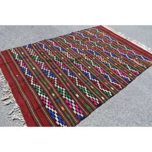 <b>Traditional</b> Turkish Kilim <b>Rug</b> 5.6 X 8.8ft Red Green Patchwork Wool Carpet <b>for</b> <b>Living</b> <b>Room</b> Latex Rectangle Hallway Striped 10mm - Product Image 2