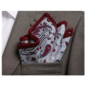 Handmade Gray Burgundy Paisley Knitted <b>Edge</b> Signature Border Handkerchief Dining Pocket <b>Square</b> for Blazers Suit - Product Image 1