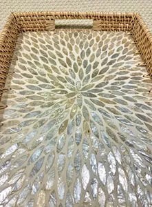 Wholesale High <b>End</b> Quality Rectangle Mother of Pearl Rattan Serving Tray MOP Inlay Lacquer Tray for Home and Restaurant - Product Image 2