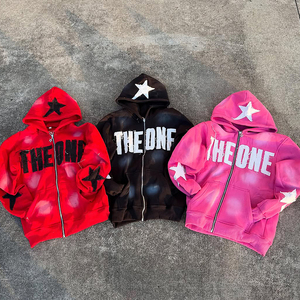 Nouveau sweat à capuche surdimensionné à fermeture éclair, en molleton de coton streetwear personnalisé, avec appliques en strass, délavé à l'acide, effet délavé, broderie - Product Image 1