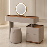 Ensemble de coiffeuse LED personnalisé de luxe pour chambre à coucher avec miroir rond, tabouret et armoire de rangement