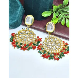 Gold Plated Kundan Chandelier <b>Earrings</b> <b>Red</b> & Green Chandbali with Floral Pattern for Weddings - Product Image 1