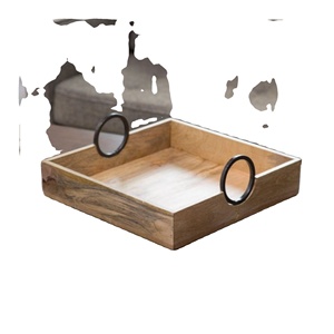 Elegante bandeja de servicio de madera de forma cuadrada con mango redondo negro para Hotel Bandeja redonda de madera pura natural para utensilios de cocina - Product Image 1