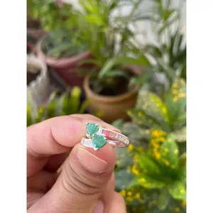 Bague en argent 925 avec émeraude naturelle taille princesse, plaquée rhodium, ornée d'une perle de jade, pour fiançailles, en platine - Product Image 2
