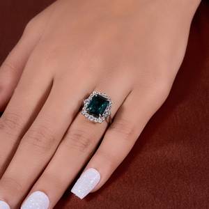 แหวนฮาโลเจนพลอยสีเขียวมรกตตัดสีทองขาวชุบ925เงินสเตอลิงวินเทจได้แรงบันดาลใจจากคำแถลงวงแหวนค็อกเทลสำหรับผู้หญิง - Product Image 1