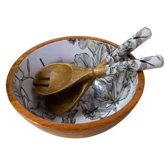 وعاء خشبي مستدير عالي الجودة من خشب المانجو الخالص مع أدوات المائدة أثناء العمل حجم كبير أدوات تقديم طعام من موردي الهند
