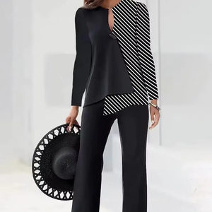 ชุดสูท2ชิ้นเสื้อแขนยาวและกางเกงขากว้างสำหรับผู้หญิงเสื้อผ้าแฟชั่นคอวีพิมพ์ลาย3D - Product Image 1