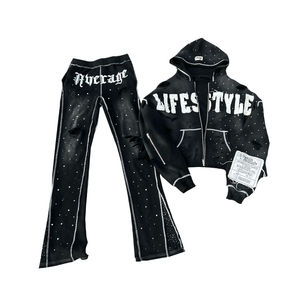 Pantalons personnalisés délavés pour hommes, en molleton français, jambes larges, lavage à l'acide, style baggy, évasés, avec strass - Product Image 3