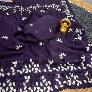 Designer Indian Soft Silk Saree Embroidery and Work Thread with Fancy Work at Border, Designer Wedding Wear Saree. - Product Image 1