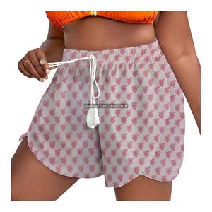 Women's Summer Loungewear Cotton Block Print Rope Drawstring Waist Wrap Shorts Beach Girls Collection <b>Baby</b> Doll Style Summer - Product Image 3