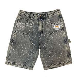 Custom 2025 Oversized Acid Wash Diamond Crystal Denim Shorts Jeans Streetwear Rhinestone Baggy Shorts Men - Product Image 1