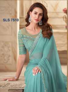 Sari en soie de créateur exclusif avec belle bordure de travail de séquence de broderie de haute qualité pour la fête de mariage porter le style pakistanais - Product Image 2