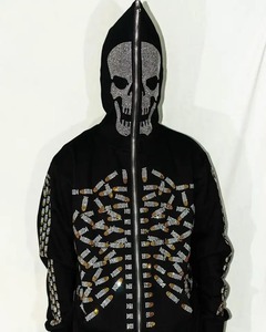 Nueva moda Rhinestone Skeleton Full Face Zip Hoodie Streetwear Peso pesado Full Zip up Hoodie para hombres Mujeres - Product Image 2
