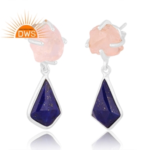 Best Quality <b>Fine</b> Sterling Silver Natural Rose Quartz & Lapis Lazuli Gemstone Dangle <b>Earring</b> Custom Jewelry Manufacturer - Product Image 2