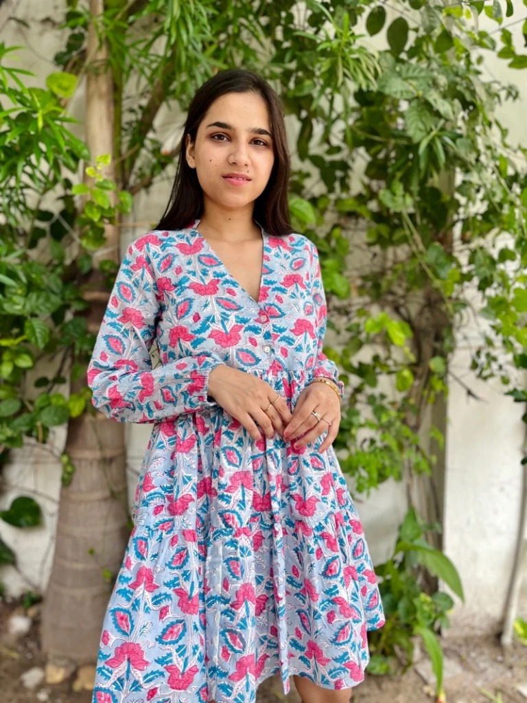 summer indian cotton dresses Pure Cotton Long Maxi Dress Indian Block Print Pastel Summer Earthy Elegant Mommy Comfy Daywear Beach Outfit Grey Aqua Blue Pink Hue