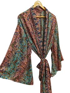 Silk <b>Kimono</b> For <b>Woman's</b> <b>Woman</b> Night Wear Long Robe, Floral Print Indian Vintage Recycled Silk Sari <b>Kimono</b>, - Product Image 4