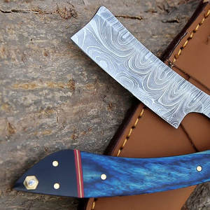 Handmade Damascus Steel Straight Razor Personalized Barber Blade Blue Wood Handle Shaving Knife Groomsman Wedding Gift - Product Image 6