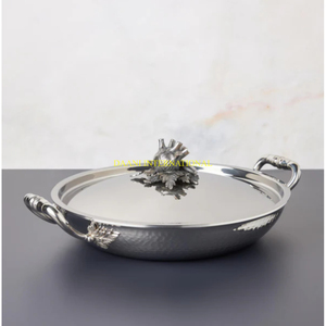 Casserole martelée en acier inoxydable avec double poignée et bouton de couvercle décoratif, batterie de cuisine élégante de qualité supérieure pour restaurant - Product Image 1