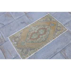 Vintage Small Rug, 1.5x2.8 ft Turkish Rug, <b>Brown</b> Floral <b>Wool</b> Rug - Product Image 3