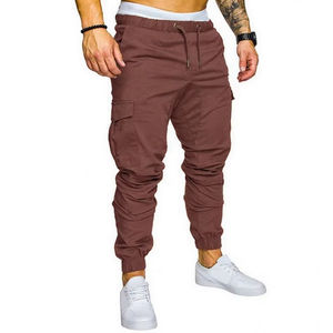 Otoño Invierno hombre Jogging pantalones de chándal Slim cordón Cargo pantalones con múltiples bolsillos personalizados Casual media cintura liso teñido para hombres - Product Image 3