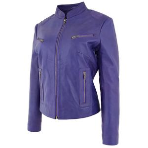 Veste de motard en cuir d'agneau véritable pour femme, violette, surdimensionnée, manteau d'hiver pour moto avec doublure en laine et fermeture à boutons - Product Image 2