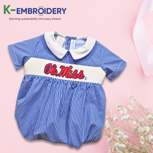 K-broderie ODM été vêtements pour enfants belle bleu solide broderie en gros combinaisons body SBS081 smocké - Product Image 2