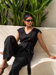 Mono con cuello en V profundo para mujer, nueva moda, con encaje, Color sólido, Patchwork, pantalones largos holgados, vestido formal siamés de verano - Product Image 4