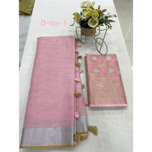 Tissu de coton en lin, sari doré, tissage de styliste tendance, travail sur de belles couleurs, vêtements de fête, vêtements traditionnels - Product Image 2